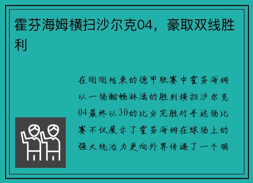 霍芬海姆横扫沙尔克04，豪取双线胜利